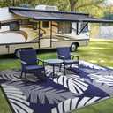 GENIMO Waterproof Outdoor Rug 9' x 12' for Patio Decor, Reversible Plastic Straw Area Rugs for Camping Clearance, RV Mat, Large Outside Carpet for Porch, Deck, Picni, Balcony, Garden, Blue & White