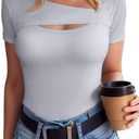 SANDERY Womens Fashion Clothes One Piece Cutout Tops Short Sleeve Ribbed Knit Slim Fitted Shirts Tee Tshirts (Gray, M)