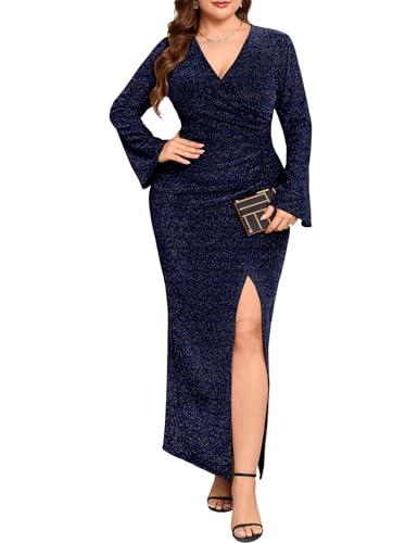 ZOMVA Plus Size Maxi Sparkly Dress High Slit Formal Evening Gown Cocktail Prom Glitter V-Neck Wrap Bell Sleeves, Navy Blue, 2XL
