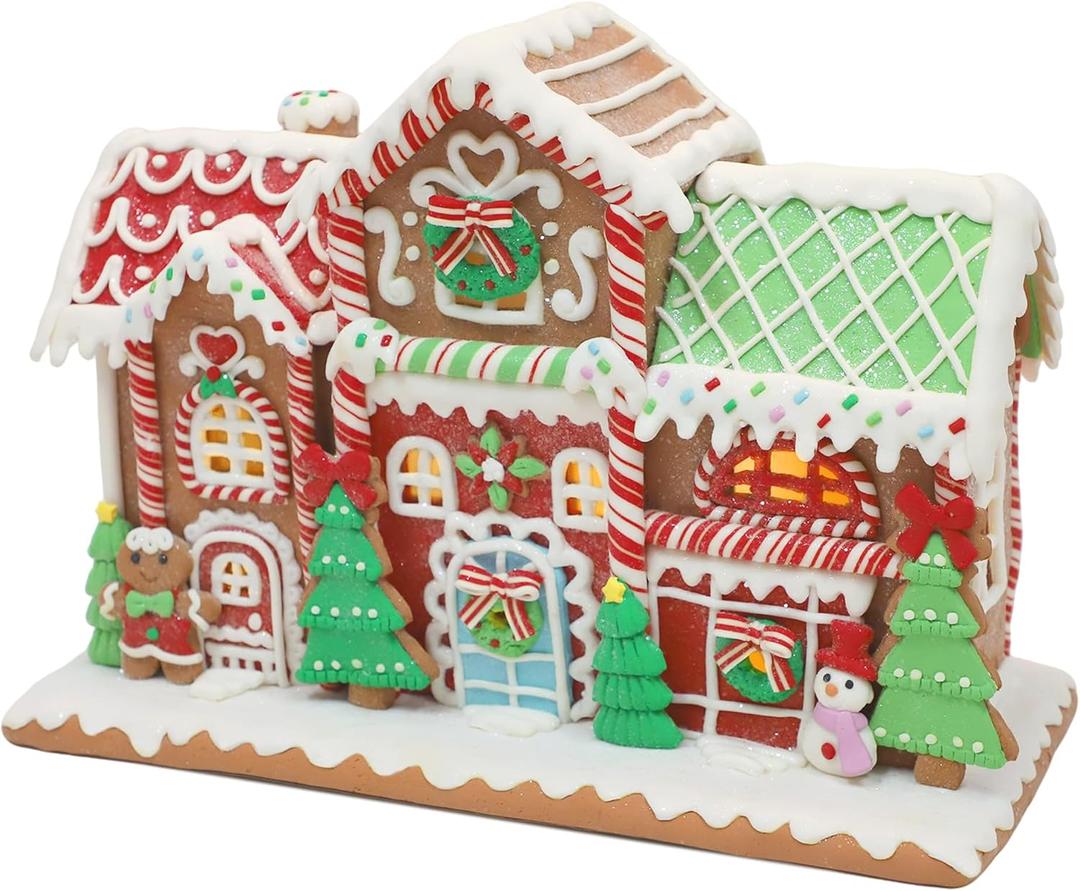 14 Inch Gingerbread House Decoration, Battery-Operated Light-Up Two Floor Gingerbread House, Classic Gingerbread Christmas Village Figurines, Handmade Decorations (Style 3)