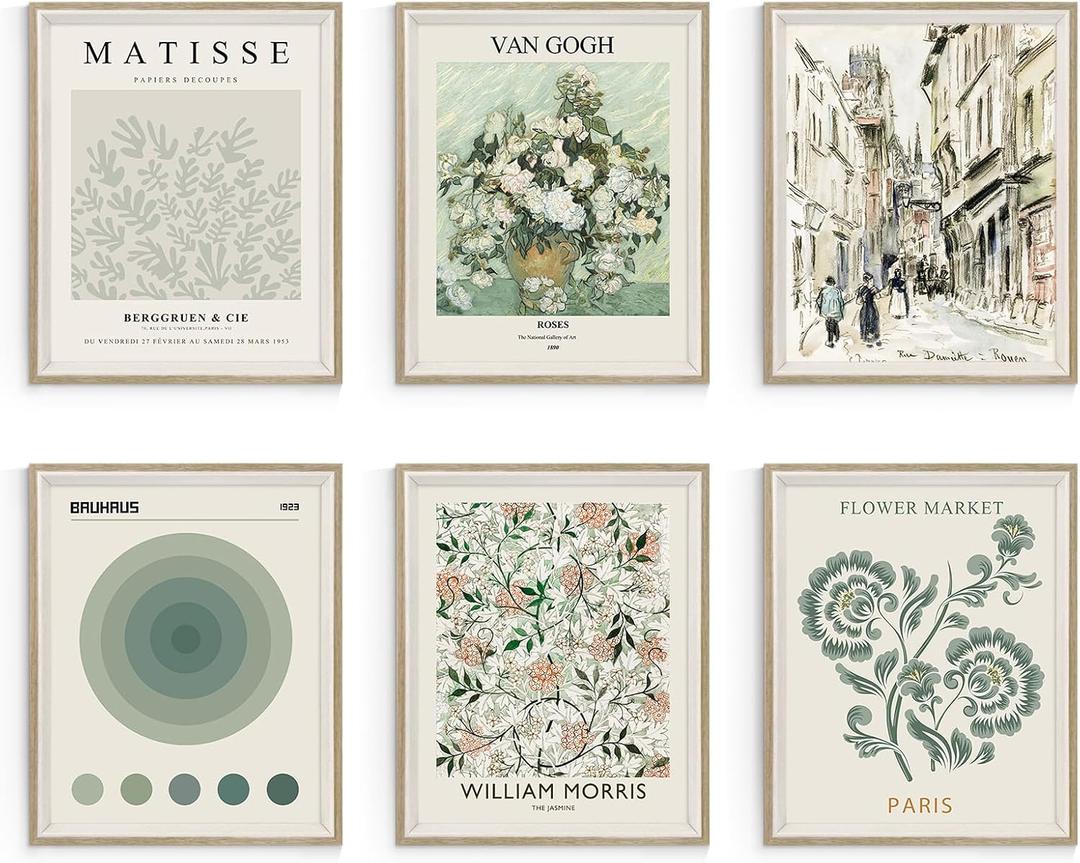 Habseligkeit Sage Green Master Wall Art Prints, Abstract Matisse Wall Art Exhibition Posters, Vintage Art Prints, Retro Room Decor for Bedroom Aesthetic Framed, 8x10in, Set of 6