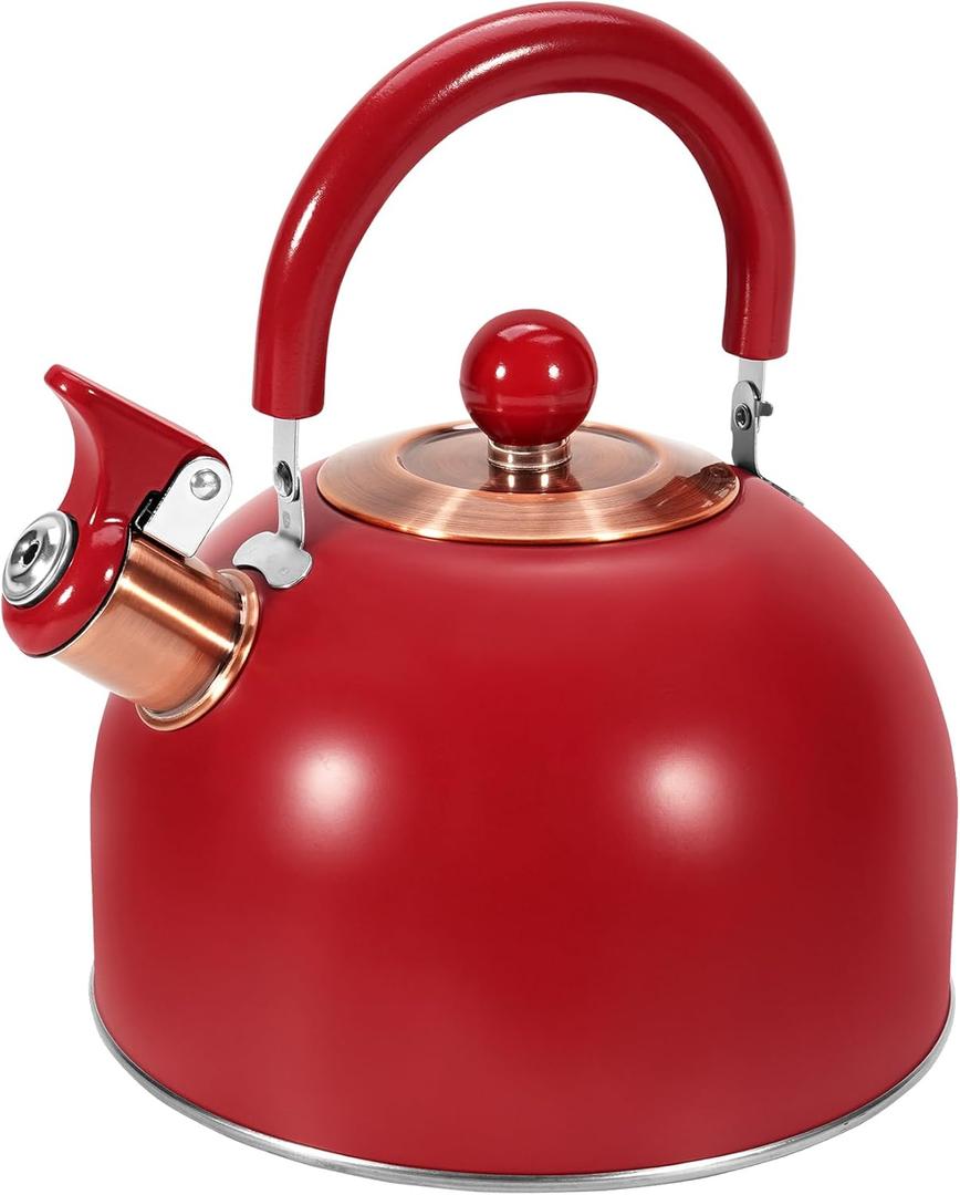 GGC 2.6QT Tea Kettle for Stove Tops, Whistling Tea Kettles for Boiling Water Coffee or Milk, Red Stainless Steel Tea Pots with Folding Handle, Thumb Design Control Kettle Outlet