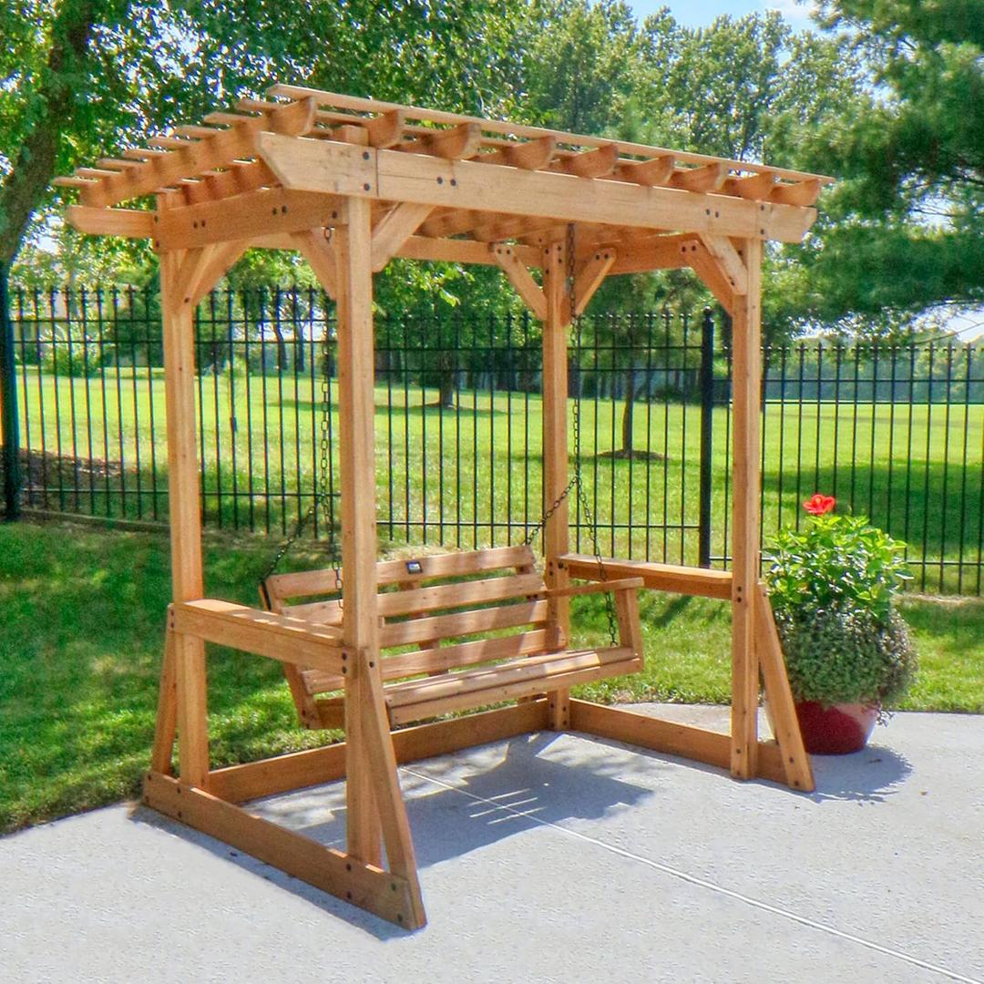 Backyard Discovery Callahan 8' x 5' Cedar Wood Outdoor Patio Pergola Swing Bench with Trellis, Two-Person Seating, Chains, Water Resistance, 600 Lb Weight Capacity for Porch, Patio, Deck, Garden