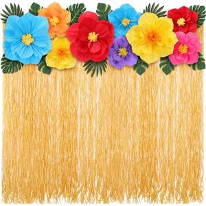 22 Pcs Hawaiian Luau Beach Backdrop with Colorful Paper Flowers Decor Set 5. 6ft x 3. 3ft Luau Grass Backdrop 3D Hibiscus Paper Flower Palm Leaves for Aloha Party Decor(Red Flower)