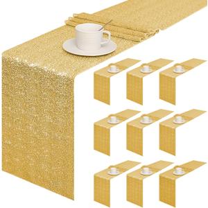 Sugargirl 10 Packs 12 x 72 inches Sequin Table Runner, Glitter Gold Table Runner for Birthday Party Supplies Wedding Holiday Celebration Event Decorations
