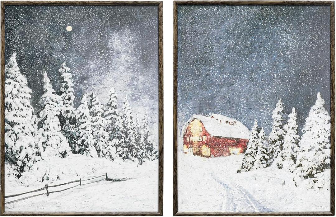 ArtbyHannah Framed Christmas Canvas Wall Art Decor Set of 2, Xmas Pictures Prints Paintings for Living Room Bedroom, Winter Holiday Home Indoor Decorations with Red House and Tree (12x16 Inch)