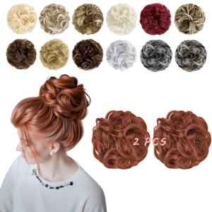 2 PCS Messy Bun Hair Piece Wavy Curly Hair Bun Scrunchies Extensions Synthetic Chignon Thick Updo Hairpieces for Women Girls(Copper Red)