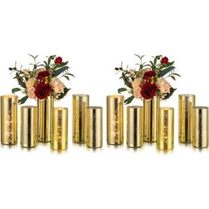 Glasseam Glass Cylinder Gold Candle Holder, Set of 12 Hurricane Candle Holders for Pillar Candles, Modern Mercury Floating Candle Holders for Table Centerpiece Wedding Living Room Home Decor