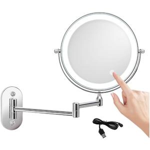 8 Inch Rechargeable Wall-mounted Lighted Makeup Vanity Mirror Dual-Sided 1X/5X Magnified Bathroom Mirror, 3-Color Lighting, Touch Screen Dimming, 360 Rotating Retractable Arm(Size:5X,Color:silver)