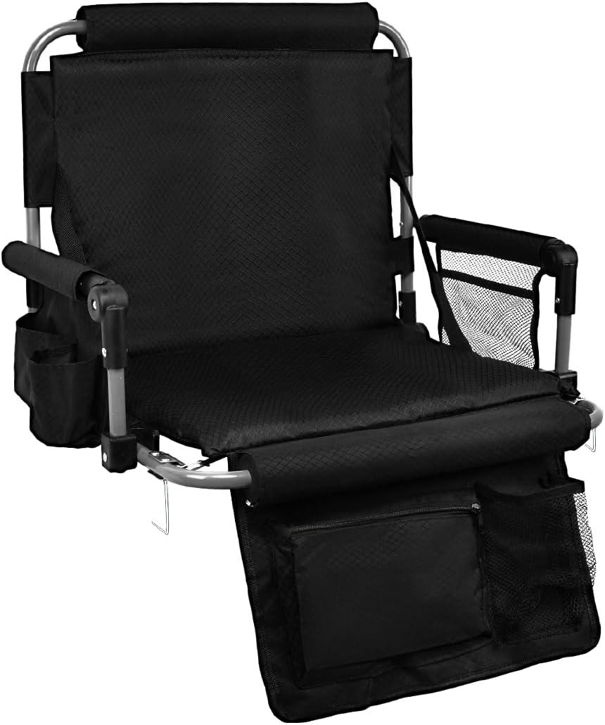 Stadium Seat with Back Support, Bleach Seat with Backrest and Cushion, Stadium Chair with Cup Holders, Mesh Bag and Hidden Hook for Basketball and Soccer Bench (Black)