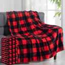 Preboun 6 Pcs Flannel Throw Blanket Bulk 285 GSM Checkered Blanket Fleece Microfiber Throw Blanket Plush Fuzzy Blanket Buffalo Plaid Decor for Couch Sofa Gift Homeless(50 x 60 Inch,Red and Black)