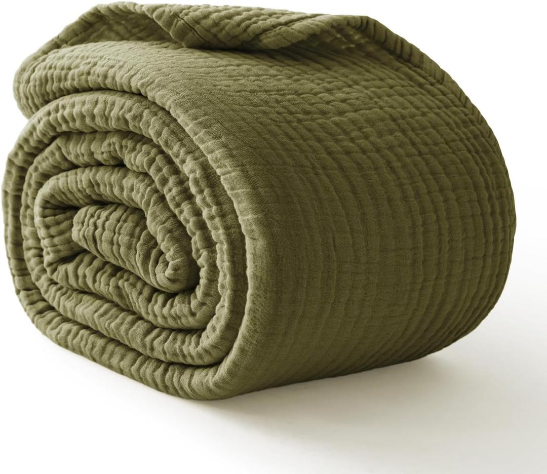 100% Cotton Muslin Blanket Large 50" x 70", Breathable and Lightweight Cotton Throw Blankets for Bed and Couch, Soft Cooling Summer Gauze Blanket for Adults All Season, Olive Green