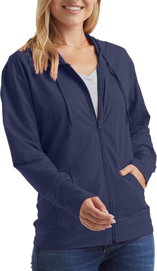 Hanes Women's Lightweight Full Zip Hoodie, Textured Cotton Zip Up, T-Shirt Hoodie, L
