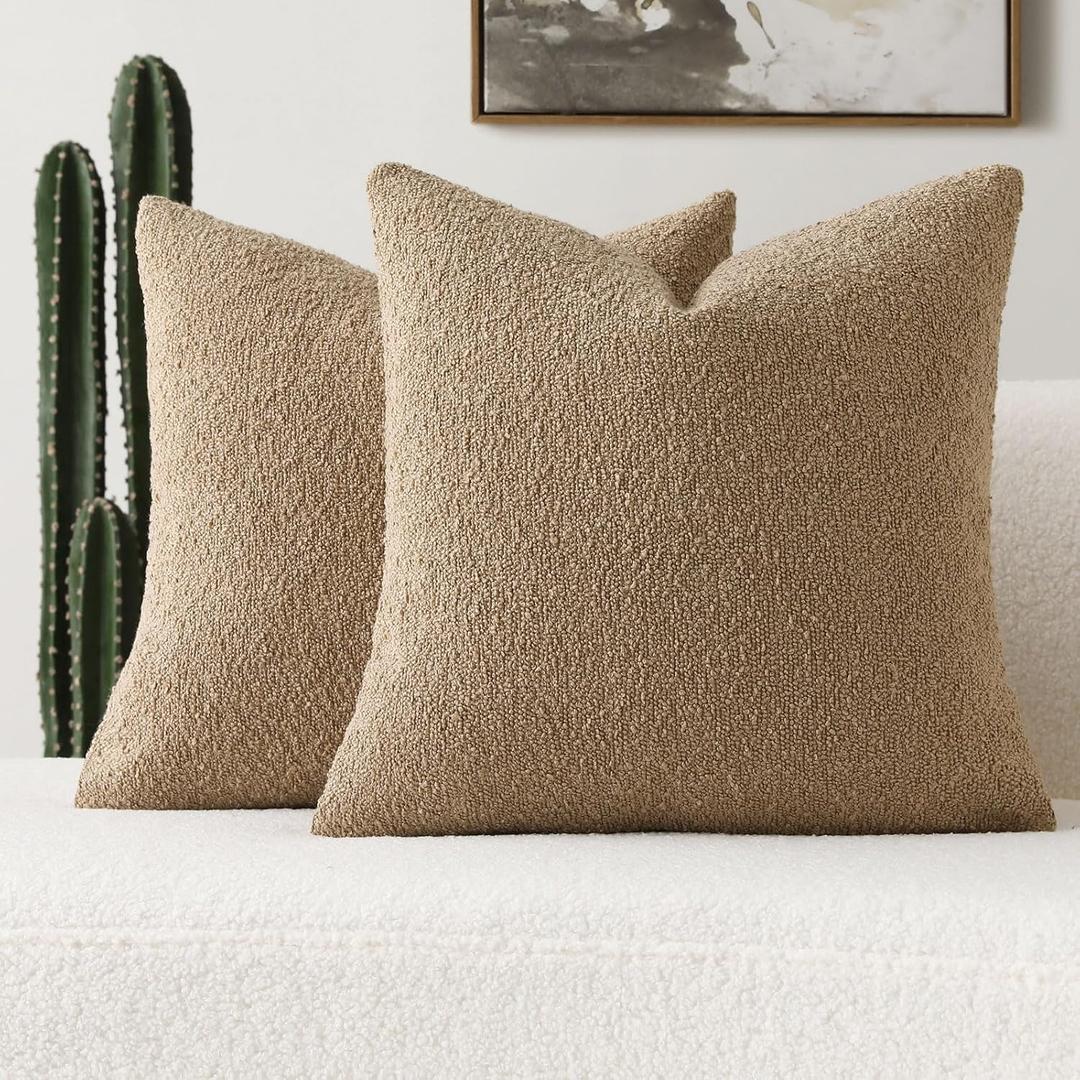 FUTEI Pack of 2 Khaki Decorative Throw Pillow Covers 20x20 Inch Soft Cozy Solid Boucle Textured Cushion Case,Modern Home Decor for Couch Bed Living Room
