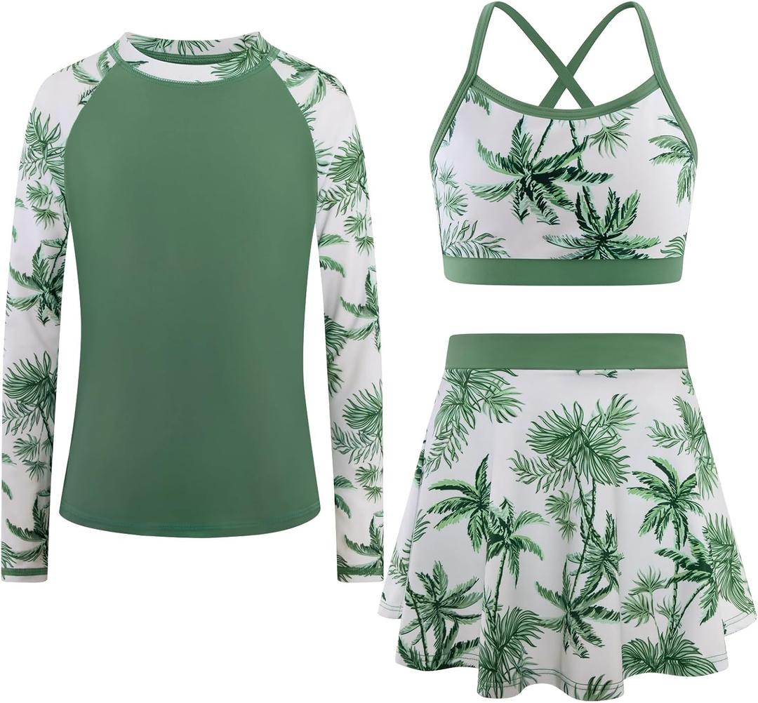 Girls Swimsuit Long Sleeve Swim Shirt 3 Piece Rash Guard for Girls Bathing Suit with Boyshorts (5-6 Years, White Palm)