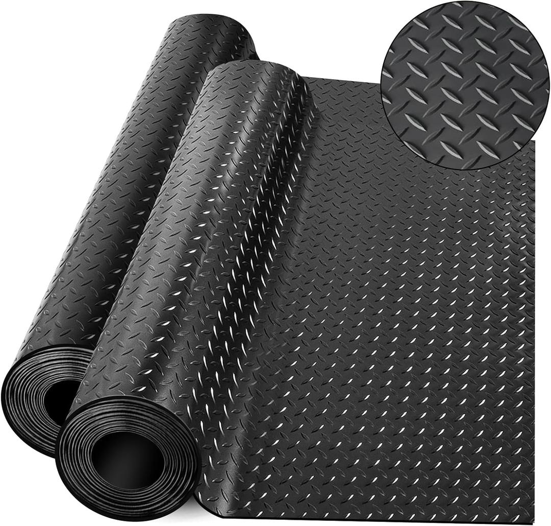 Diamond-Plate Rubber Flooring Rolls, 21FT *16IN Garage Floor Mat, 4 * 7Ft Cover Area PVC Garage Flooring Roll for Garage Floor, RV Trailer Flooring, Water/Stain Resistant Parking Mat Black (1Pcs)
