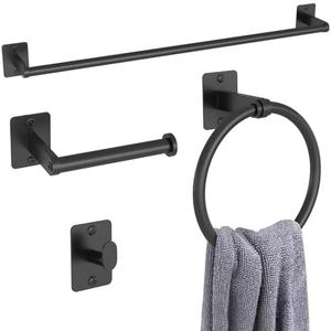 Matte Black Bathroom Accessories Set, KLJKPA 4 Pieces Bathroom Hardware Set, 24 inch Towel Bar, Towel Racks for Bathroom, Robe Towel Hooks, Toilet Paper Holder Wall Mounted