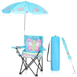 Burbell 1 Set Kids Beach Chair with Umbrella Child Folding Chair Umbrella with Universal Clamp for Children Beach Camping Patio Lawn Pool Travel Outdoor Indoor (Butterfly)