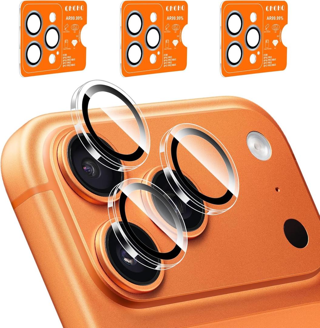QHOHQ 3 Set Camera Lens Protector for iPhone 17 Pro Max/17 Pro/16 Pro Max/16 Pro/15 Pro Max/15 Pro, Individual Anti Shatter Lens Protector,[15FT Military Grade Protection],1-Second Auto-Install- Clear