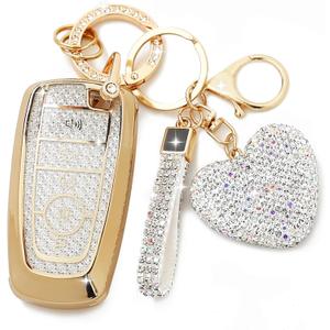Key Fob Cover with Diamond Keychain, Compatible with Ford Explorer Fusion Edge Expedition F150 F250 F350 F450 F550 Maverick Mustang Car Key Shell (5 Buttons-Silver Heart)