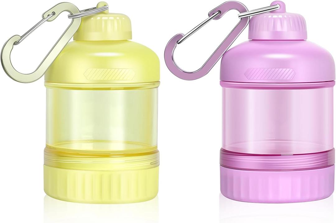 2 Pack Protein Powder Container to Go with Keychain & Keyring, Large Capacity, Clear, Leakproof, Ideal for workouts, fitness, or travel (Pink&Yellow)