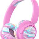 iClever BTH22 Kids Bluetooth Headphones, 60H Play Time, 74/85 dBA Safe Volume, Bluetooth 5.4, USB C, Over Ear Kids Headphones Wireless with Mic AUX Cord for iPad/Tablet/Travel/School, Pink-Stripe 