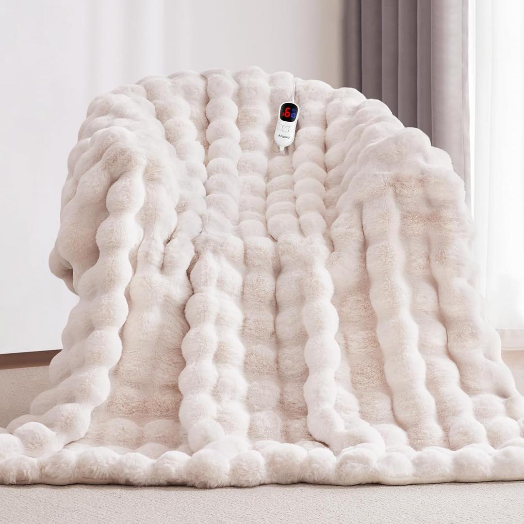 Anysay Heated Blanket Throw with 1/2/4/6/8 Hours Auto-Off 10 Heat Level, 50'' * 60'' Cozy Faux Rabbit Fur Bubble Electric Blanket with Overheat Protection(White)