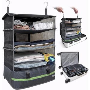 Stow-N-Go Portable Hanging Travel Shelves, Packing Organizer for Luggage. Carry on Closet for Clothes. Expandable Packing Cube. Travel Essentials. Dak Gray - XL