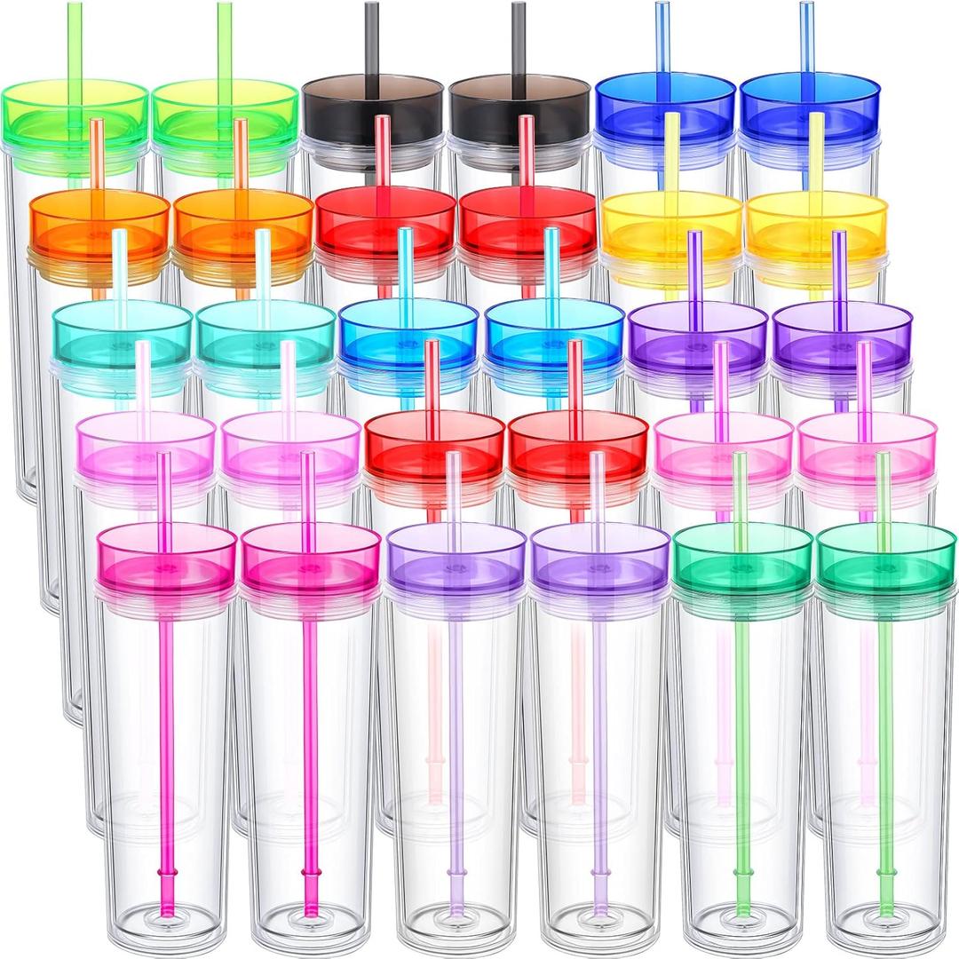 Hoolerry 30 Pcs Acrylic Skinny Tumblers, 16 oz Double Wall PS Tumblers with Lids and Straws, Bulk for Drink Party Birthday Gifts, Multicolor