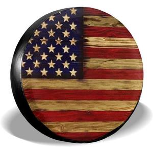 Tire Cover American Flag Reclaimed Wood Potable Polyester Universal Spare Wheel Tire Cover Wheel Covers for Trailer RV SUV Truck Camper Travel Trailer Accessories 15 Inch