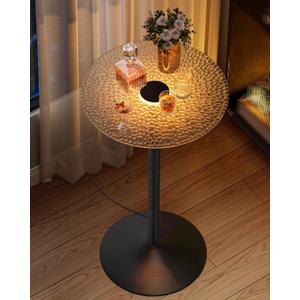 VASAGLE Round Bar Table, 41.3 Inches Tall Cocktail Pub Table with Multi-Colored Lights and Glass Top, Large Steel Base, for Kitchen, Bistro, Parties, Cloud White and Ink Black