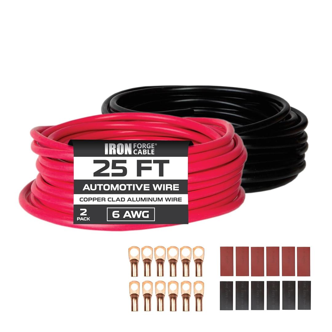 Iron Forge Cable 6 Gauge Wire - 2 Pack 25ft Copper Clad Aluminum Primary Cable 6 AWG Heavy Duty with Wire Lug Terminal Connectors and Heat Shrink Tube