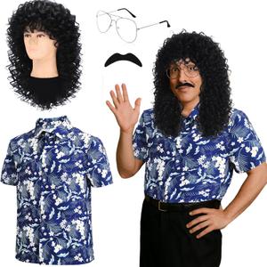 Mepase 4 Pcs 80s Halloween Costume for Men Outfit Cosplay Set Hawaiian Shirt Black Curly Wig Silver Frame Glasses Mustache (Medium)