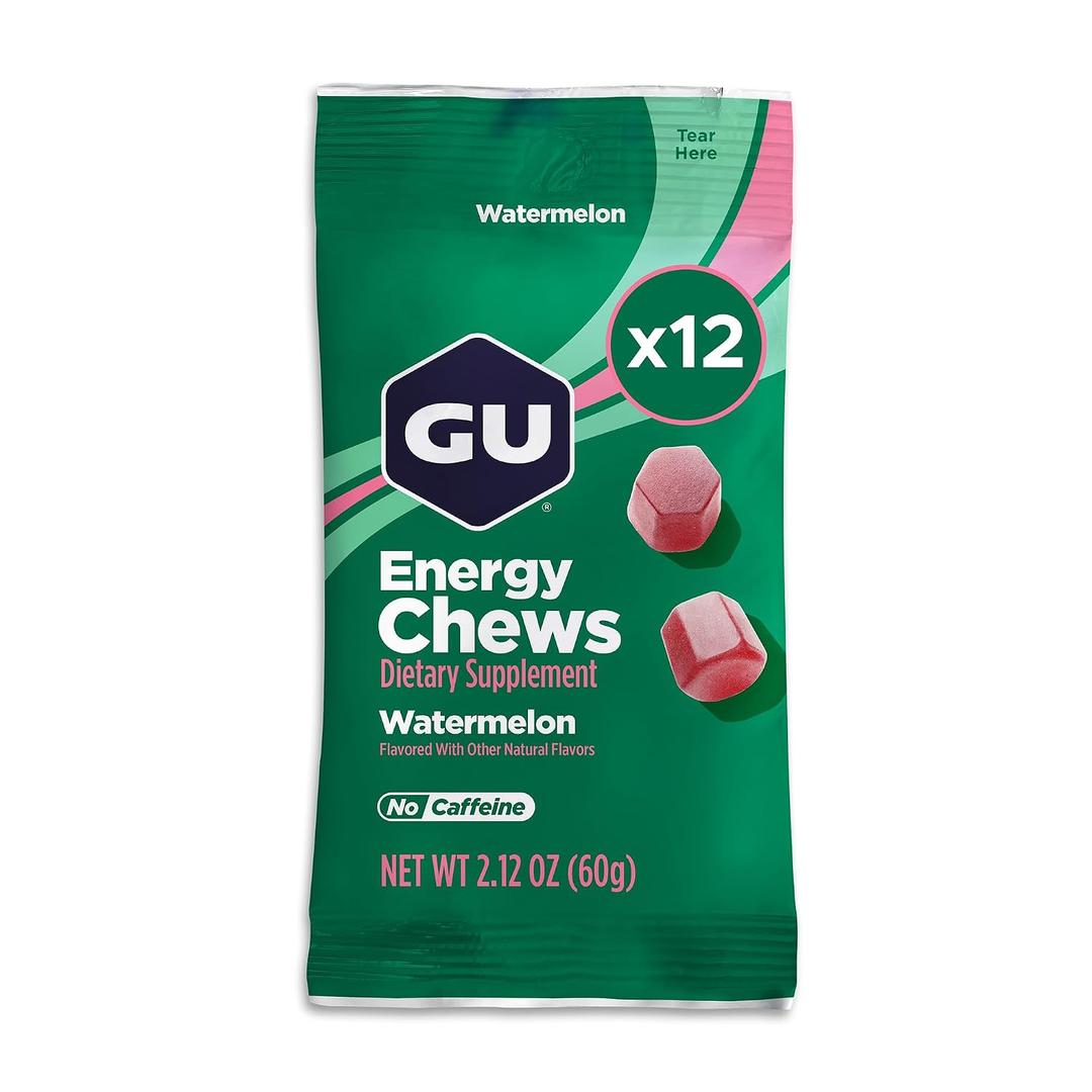 GU Energy Chews, Watermelon Energy Gummies with Electrolytes, Vegan, Gluten-Free, Kosher, Caffeine-Free, and Dairy-Free On-The-Go Energy for Any Workout, 12 Bags (24 Servings Total) (EXP 10/15/27)