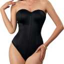 OYOANGLE Women's Silk Satin Bodysuit Sleeveless Strapless Tube Backless Solid Plain Slim Fit Bodysuit Tops (Medium, Black)