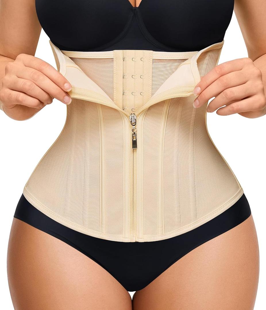 Nebility Waist Trainer for Women Zipper Corset Shapewear Tummy Control Mesh Waist Cincher Faja Body Shaper (XX-Large, Beige)