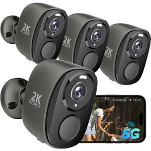 4PC 2.4G/ 5GHz WiFi Security Cameras Wireless Outdoor, 2K Battery Home Security Camera with AI Detection, Siren, Surveillance Indoor Home Camera, Color Night Vision, 2-Way Talk, IP65, Cloud/ SD, Works Alexa G