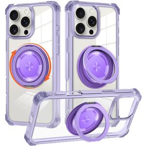 Magnetic Phone case Compatible with iPhone 16 Pro Max Case Four-Corner Shockproof with Magnetic-Ring Phone Stand Clear Purple Case