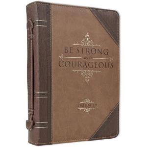 Christian Art Gifts Men's Classic Bible Cover Be Strong and Courageous Joshua 1:9, Brown Faux Leather, Large