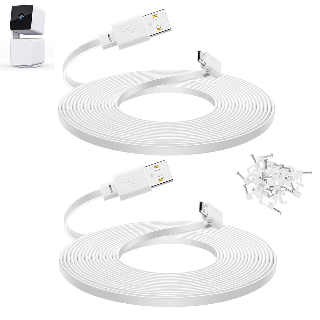 Smays 10 ft Cable for WYZE Cam Pan v3 Camera, Long Micro USB Flat Power Cord, 90 Degree 2-Pack, White