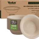 Vplus 500 Pack 12 OZ Paper Bowls Bulk, Disposable Compostable, Eco-friendly Bagasse, Heavy-duty Bowls Perfect for Milk Cereals, Snacks, Salads Nature