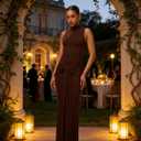 Elegance Sleeveless Turtleneck Maxi Dress for WomenChocolate Brown Ruched Knot Waist Bodycon Evening Gown (Medium)