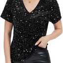 MINTLIMIT Womens Sequin Tops Velvet Glitter Party Shirt Short Sleeve Sparkle Blouses V-Neck Loose Summer Shimmer Shirts, M