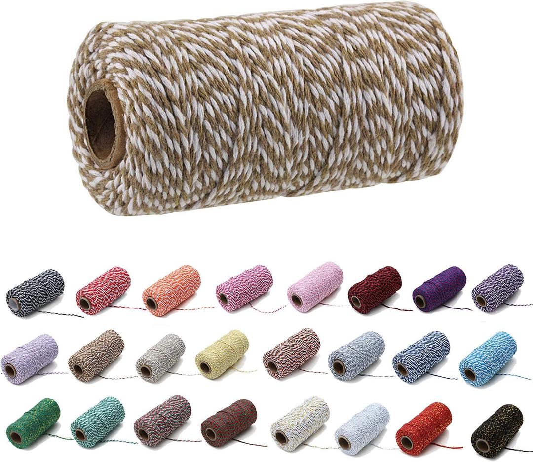 1 Roll 2mm 109 Yard Colourful Cotton Cord Bakers Twine DIY Crafts Gift Wrapping Christmas Wedding Home Decor String Rope (Khaki+White)