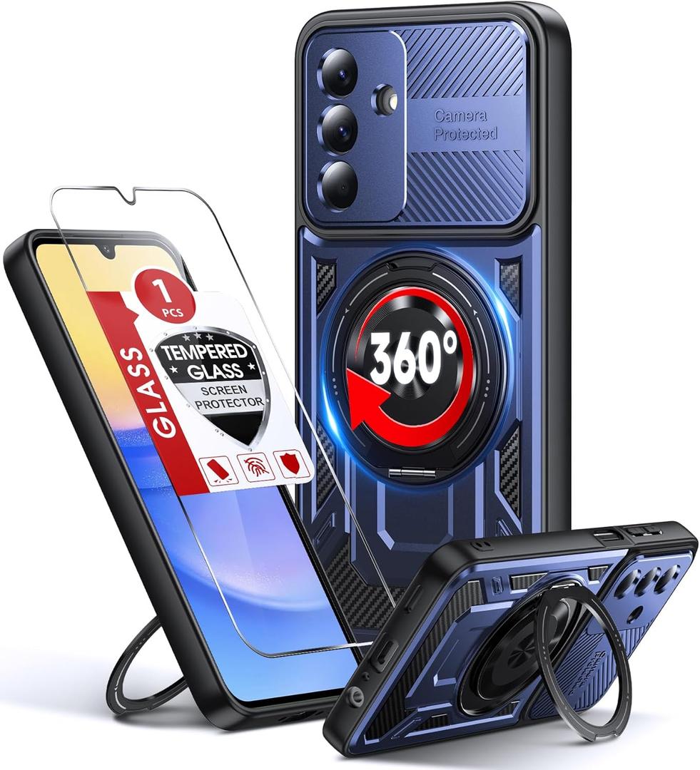 LeYi for Samsung Galaxy A15-5G Case: with Glass Screen Protector, [Fit Magsafe] 16FT Heavy Duty Shockproof Protection Rugged Android Smart Phone Case with Invisible Ring Stand Samsung 15A 5G, Blue