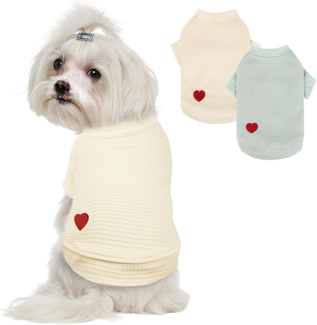 2-Pack Waffle Dog Shirts for Small & Medium Dogs, Cozy Breathable Stretchable Puppy Clothes with Embroidered Heart Design, Cute Dog Tee Shirt for All Seasons, Small, Yellow & Green