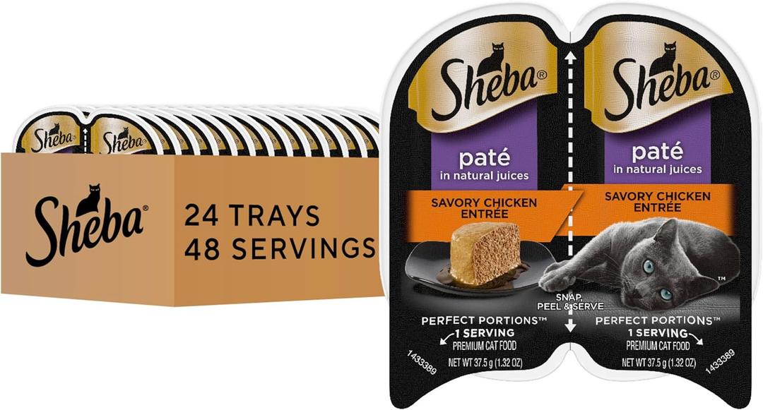 Sheba Perfect Portions Wet Cat Food Pate Savory Chicken Entree, 2.6 oz. Twin-Pack Trays, Cat Food Wet Recipe (24 Count, 48 Servings) (EXP 02/19/28)