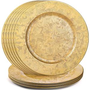 ZOOFOX 12 Pack Gold Charger Plates, 13" Plastic Round Antique Plate Charger for Dinner Plates, Floral Charger Plates for Wedding Dinner Party Table Setting Decor