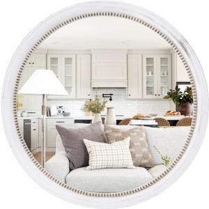 Rustic Farmhouse Mirror,28" White Natural Wooden Circle Wall Mirror,Round Decorative Wall Hanging Mirror with Beads for Bedroom, Living Room or Entryway