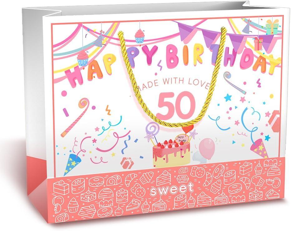 BOPLYBAY 50th Birthday Gift Bag for Women with Card & Tissue Paper - Large 13" Pink Age 50 Party Favor Bag, Fabulous 50 Year Old Gift Wrapping Present for Mom Wife Friend